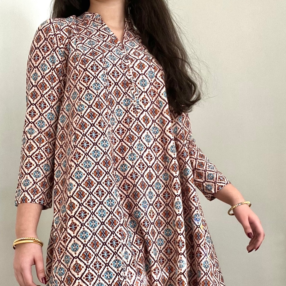 Corduroy printed flared long kurta/dress